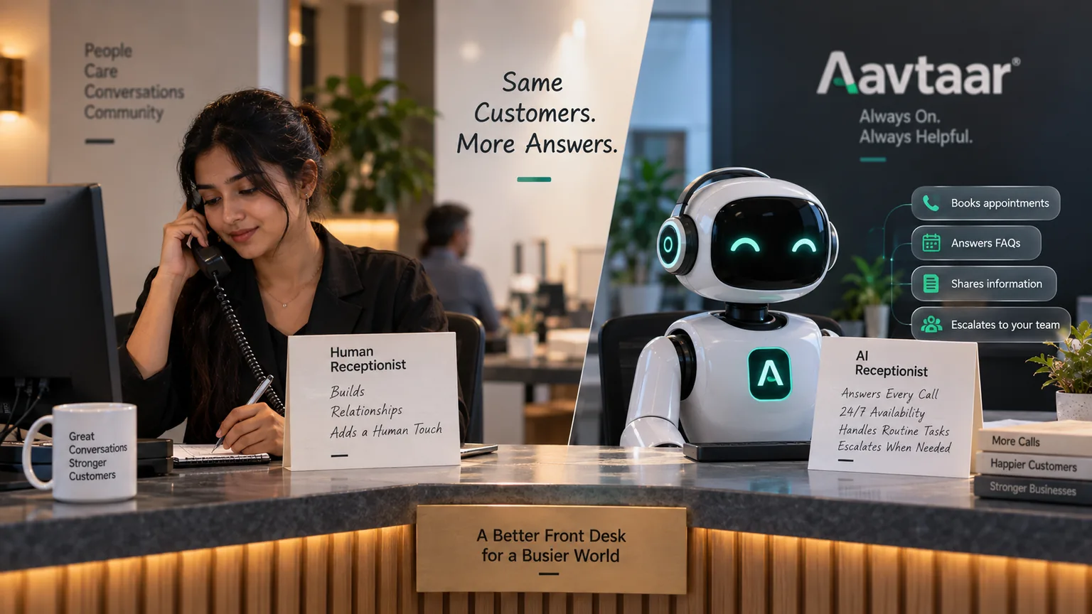A front desk shared by a human receptionist and an Aavtaar AI receptionist, with cards contrasting relationship-building and a human touch against answering every call around the clock.
